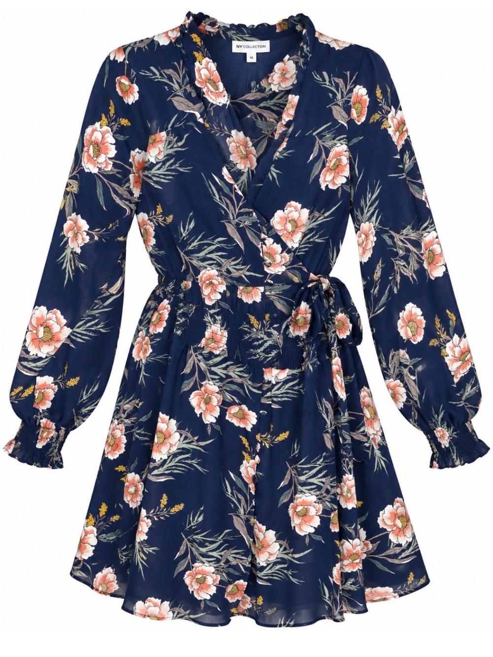 NY Collection Navy Floral Long-Sleeve Fall Wrap Dress